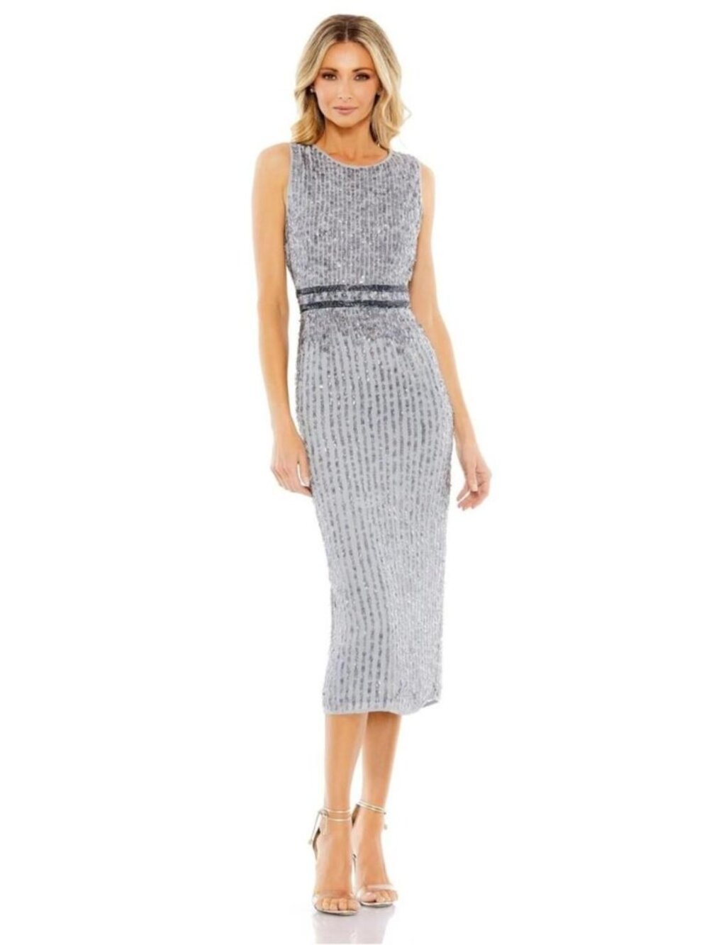 Mac Duggal Sleeveless High Neck Beaded Midi Sheath Dress in Platinum Size 0